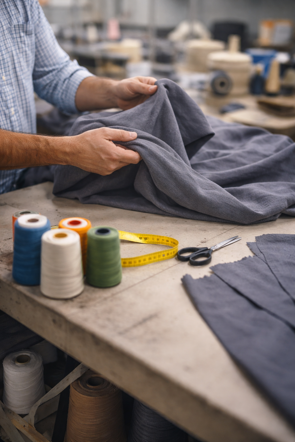 textilarbeiter prüft grauen stoff